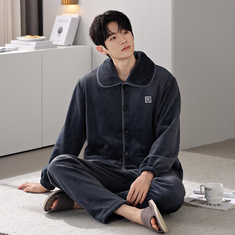 Pajamas Men'S Autumn And Winter Coral Fleece Fleece Thickened Men'S Flannel Can Be Worn Outside Men'S Loungewear Suit