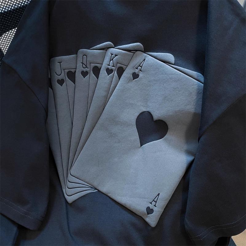 Retro Print Playing Card Short Sleeved T-shirt Oversized Women Short Sleeved Tee Summer Loose Round Neck Solid Color Top