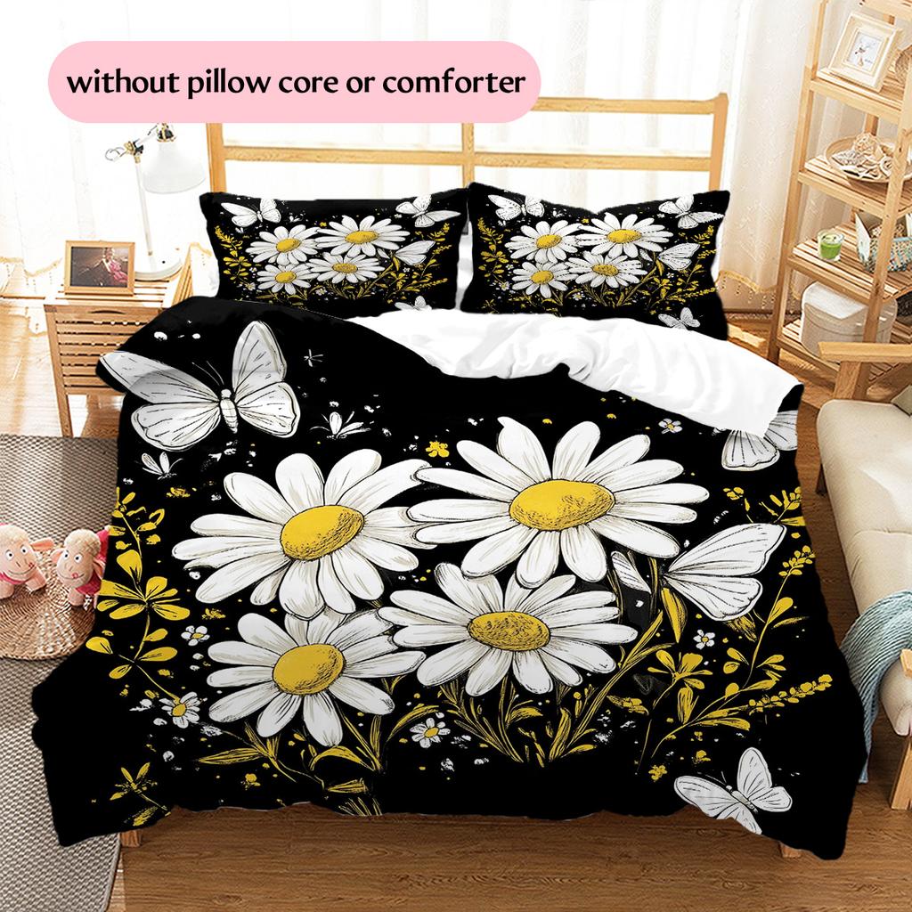Daisy Butterfly  Pattern Bedding Quilt Set Quilt Cover Pillowcase Home Decoration  Gift (1 * Duvet Cover + 2 * Pillowcase, Without Core)