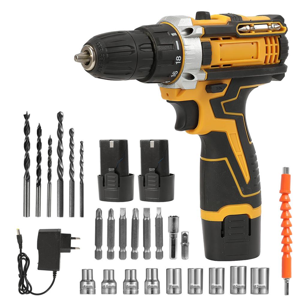 Cordless Lithium Electric Drill Electric Screwdriver Portable Multifunctional Hand Electric Drill Power Tool Set with 2 Battery