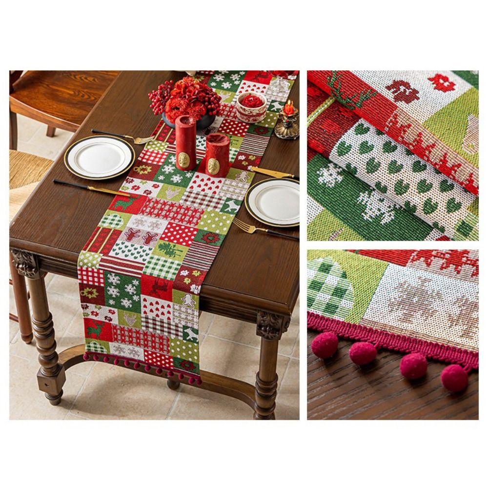 Polyester Christmas Table Runner Santa Claus Pattern Snowflake Pattern Table Flag Multi-Color Tassel Cartoon Pattern