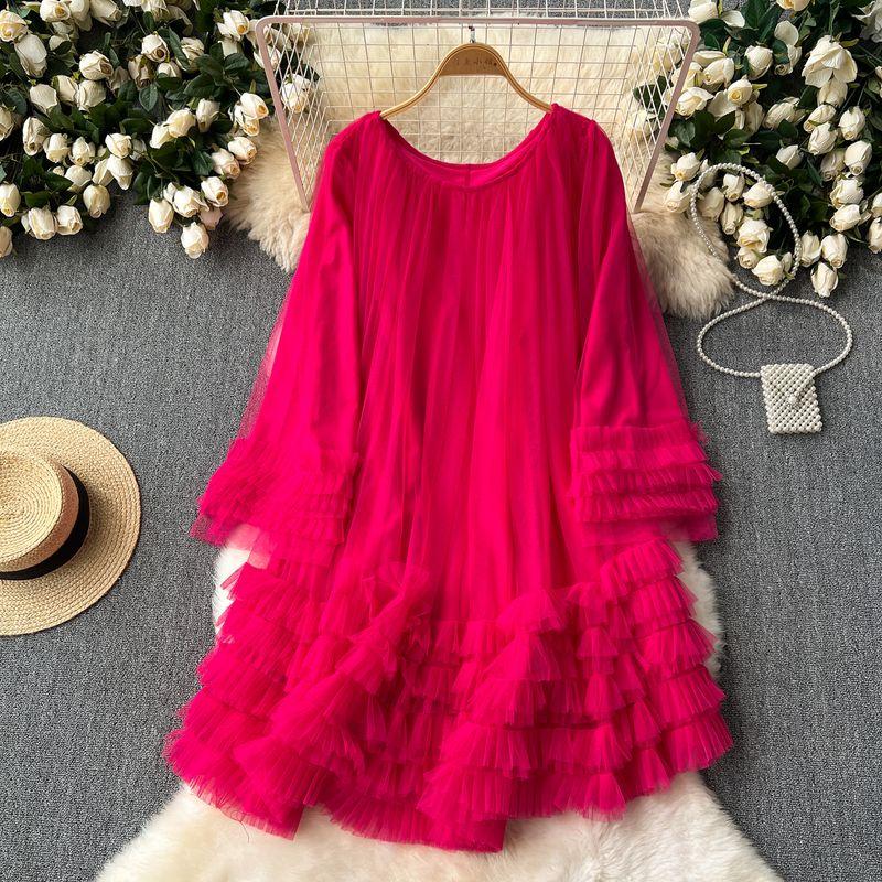 

French Dress Female 2024 New Arrival Niche Style Vintage Court Style Loose Slimming Mesh Puffy Lotus Leaf Skirt Rose Red One size