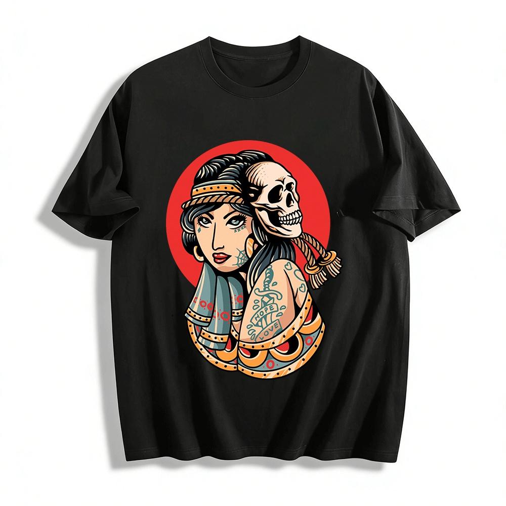 Vintage Skull Lady Print Tee Edgy Tattoo Style Casual Top Pure cotton T-shirt XXS