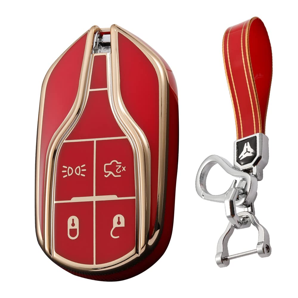 TPU Car Key Case Cover Applicable Maserati Smart Key 4 Buttons Waterproof and Durable 1*key case + 1*chain красный