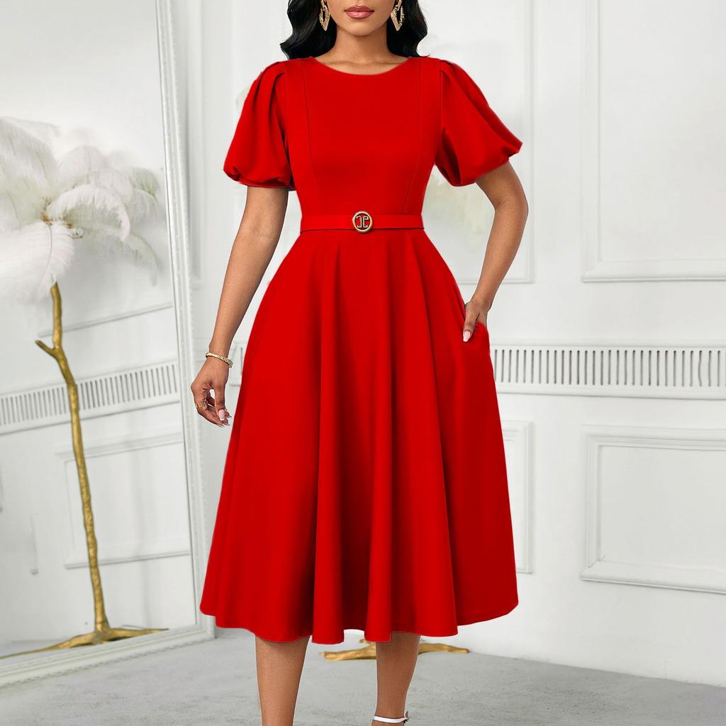 Women's Summer Fashion Bubble Sleeves Elegant High Waist Solid Color Round Neck Large Skirt Dress