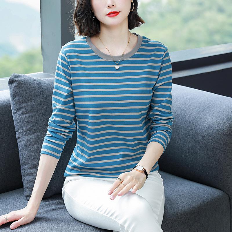 Plus Size Loose-Fit Cotton Striped Long-Sleeve T-Shirt for Middle-Aged & Elderly Women