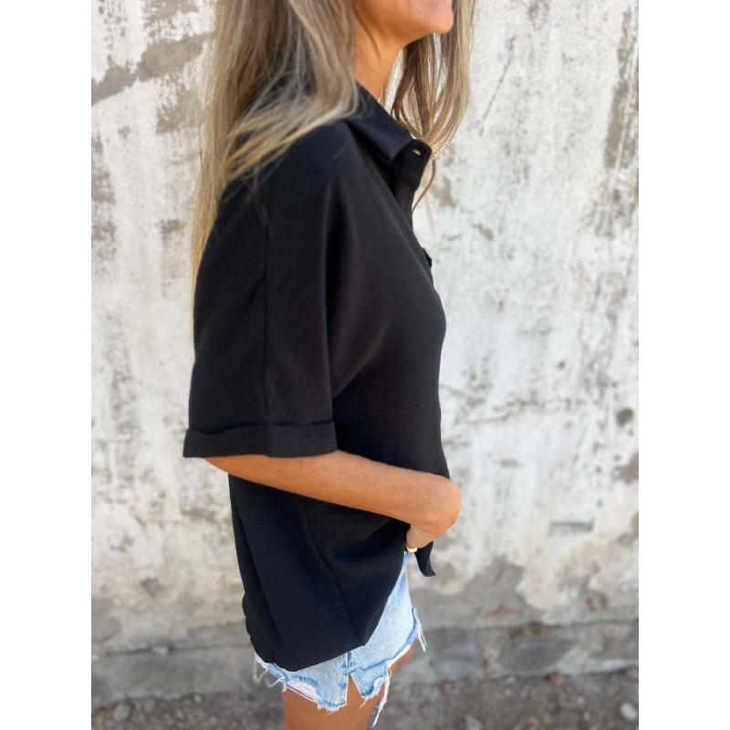 Womens Solid Button Down Short Sleeve Loose Casual Shirt