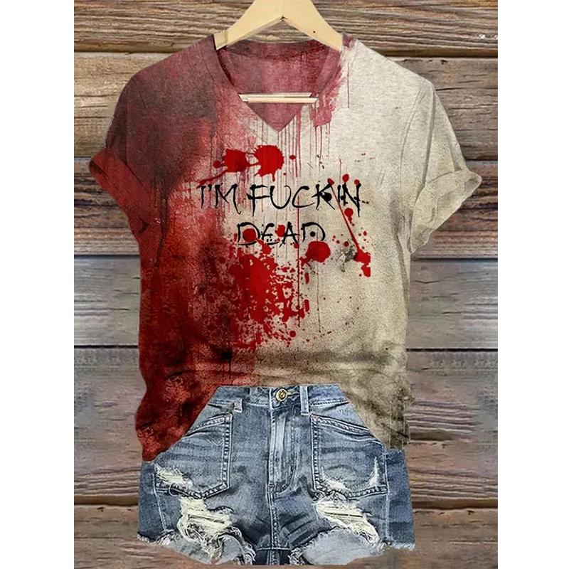 Summer New Fashionable Women's V-Neck Bloody Shirt Solves the Problem of T-Shirts and Interesting Halloween Blood Coats for Wome