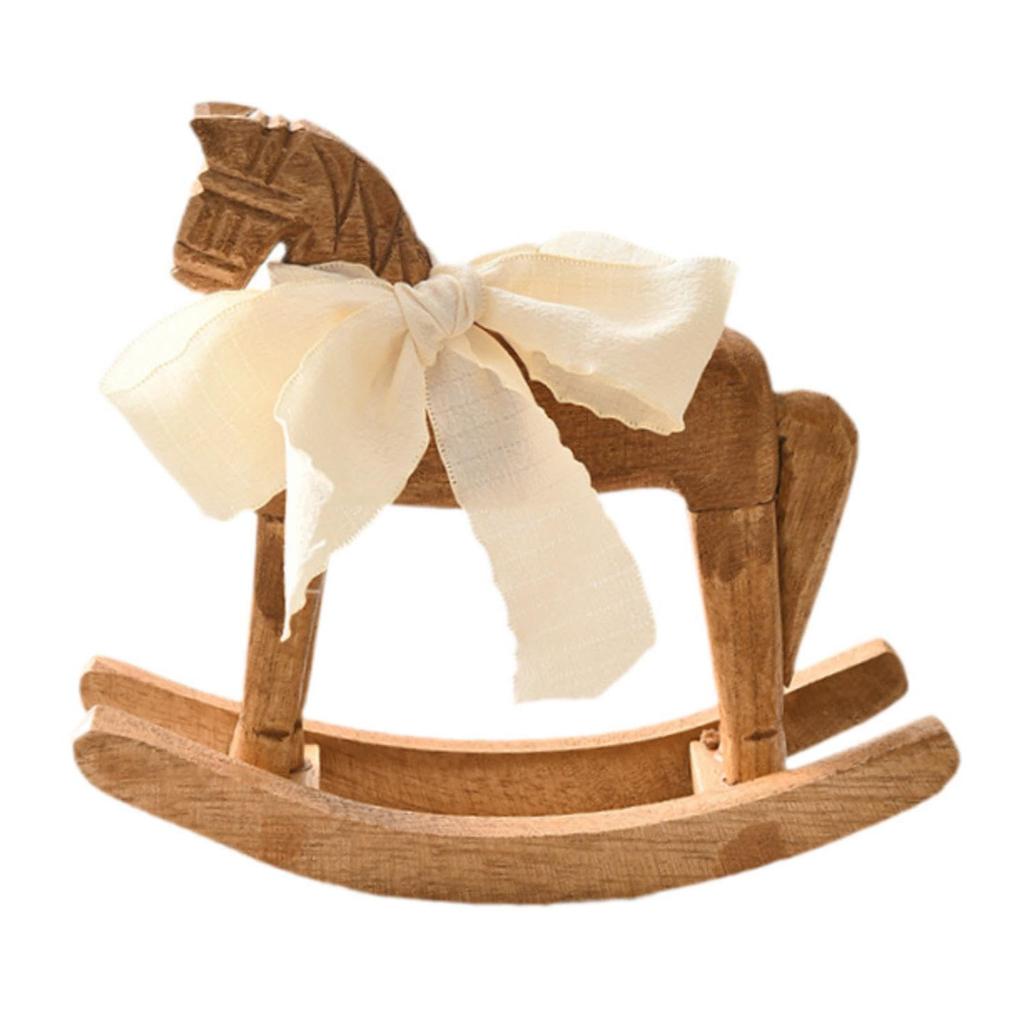 Elegant Wooden Rocking Horse Figurine Ornament with White Ribbon Farmhouses Desktop for Living Room or Nursery Decors