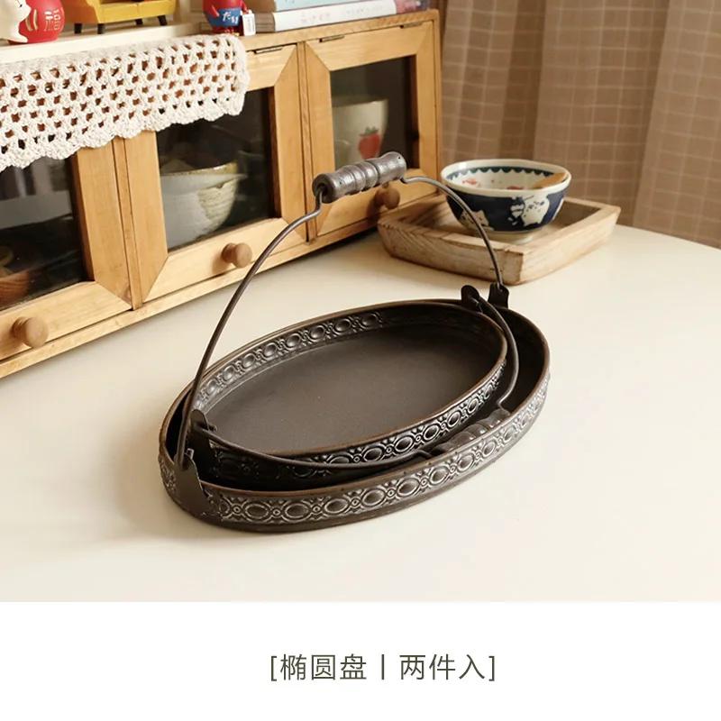 Handle Metal Storage Trays Classical Relief Printing Rotundity Ellipse Plate Delicious Food Dessert Photography Decoration Prop