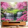 2D Flat - 2D Flat - A Tapestry Featuring a Large Or Small Design of Cherry Blossoms, Waterfalls, Pink Flowers, Green Grass, And Scenic Landscapes, Per