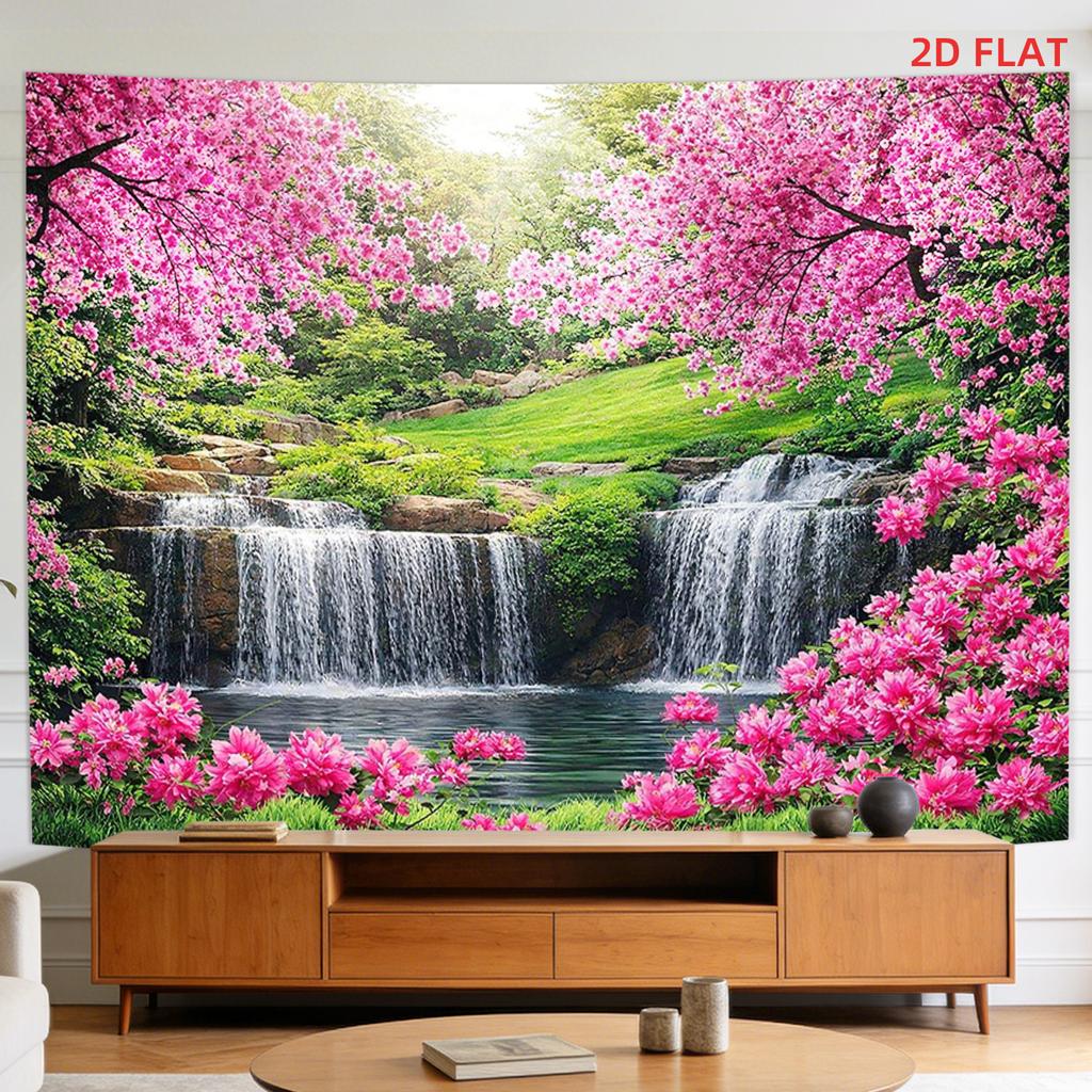 2D Flat - 2D Flat - A Tapestry Featuring a Large Or Small Design of Cherry Blossoms, Waterfalls, Pink Flowers, Green Grass, And Scenic Landscapes, Per