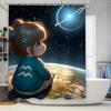 Cute Cartoon Girl Shower Curtain - Space Adventure Design, Waterproof & Mildew-Resistant for Kids' Bathroom Decor, Perfect Gift