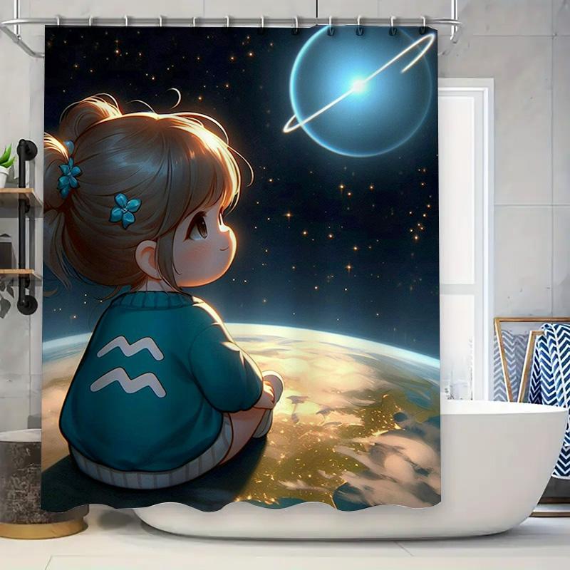 Cute Cartoon Girl Shower Curtain - Space Adventure Design, Waterproof & Mildew-Resistant for Kids' Bathroom Decor, Perfect Gift