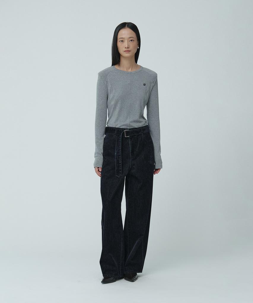 Muse Vitesse Curved Semi-Wide Buckle-Belted Denim Pants_Navy