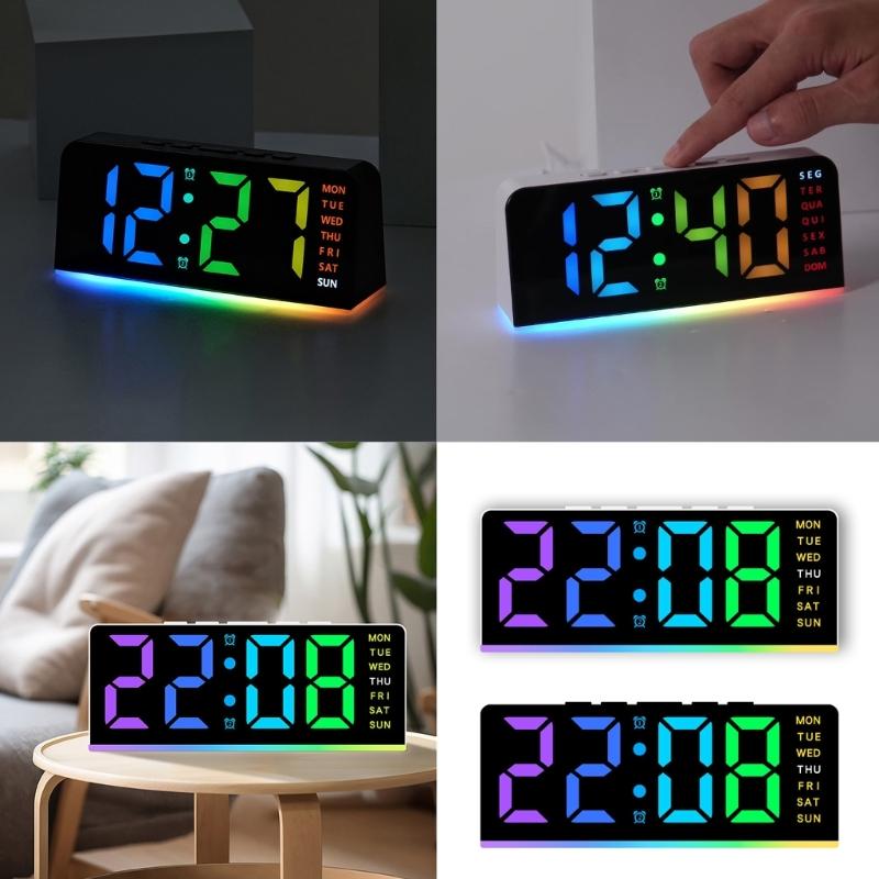 Color Changing Bedside Clock LED Time Week Date Display Quiet Night Light Brightness Adjustable Home Bedroom Accessory