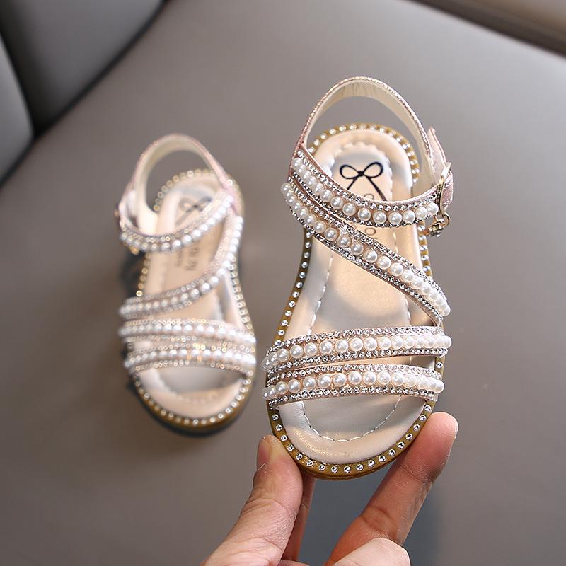 

2026 Summer Girls Pearl Princess Sandals - Open-Toe Korean Style for Little, Small, Medium, Large Children 21-25 Set of 5