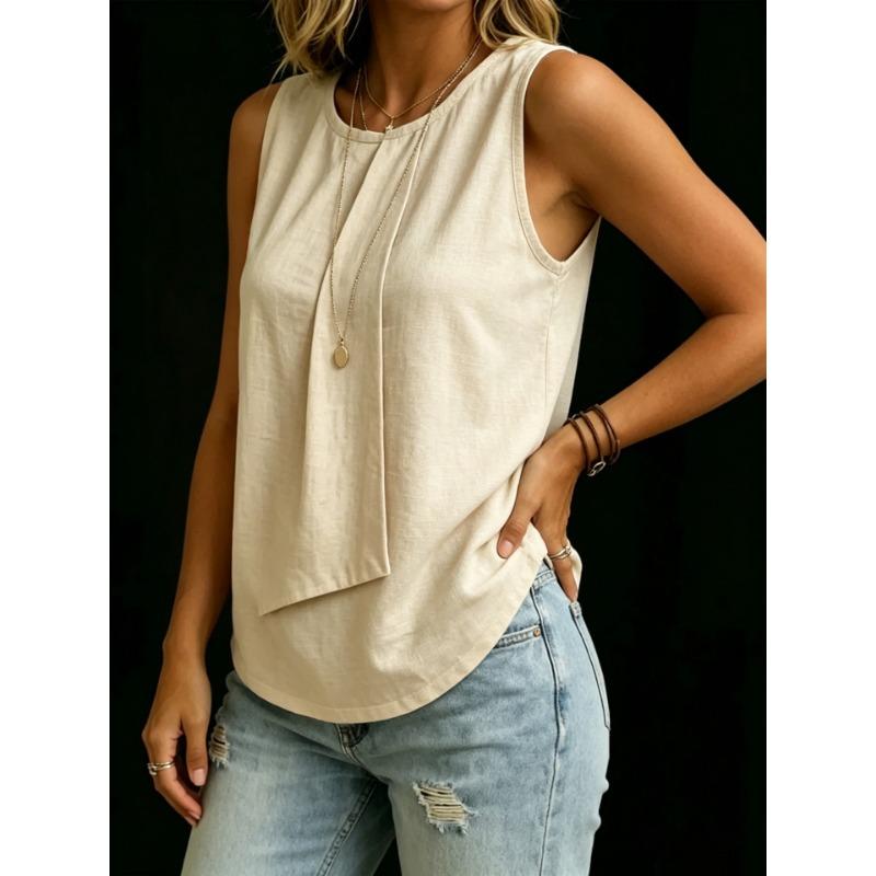 Fashion Loose Women Solid Color Irregular Sleeveless Round Neck Tank Top