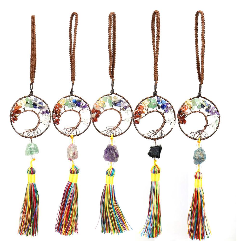 Woven Natural Gravel Crystal Rough Stone Life Tree Fringed Pendant Car Rearview Mirror Pendant Bag Decoration G16