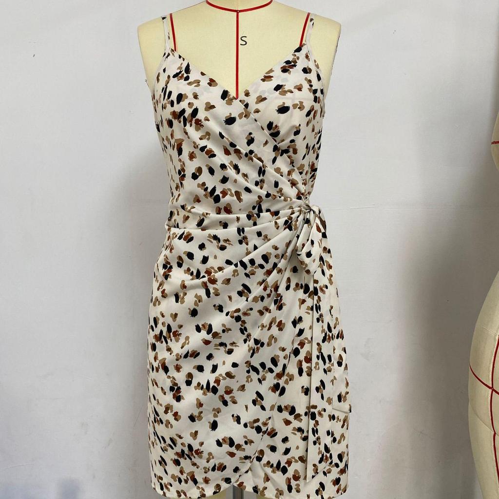 Spring Summer Women Tie Up Slim Fit Camisole Dress High Waist A-Line Suspender Floral Print Irregular Middle Dress