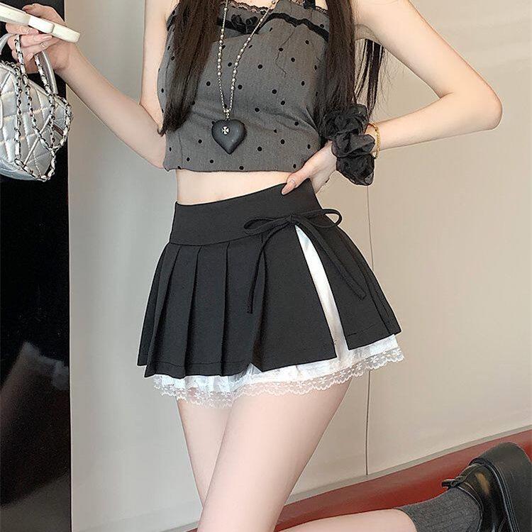 

Spicy Girl Grey Lace Pleated Mini Skirt with Split Bow Detail Small чёрный