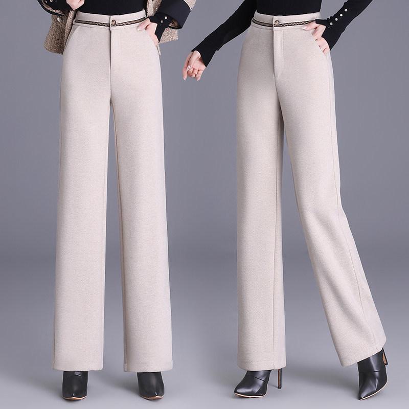 Women's Woolen High-Waisted Wide-Leg Pants - Versatile Spring/Autumn Style, Thickened with Elastic Back, Straight-Leg Trousers