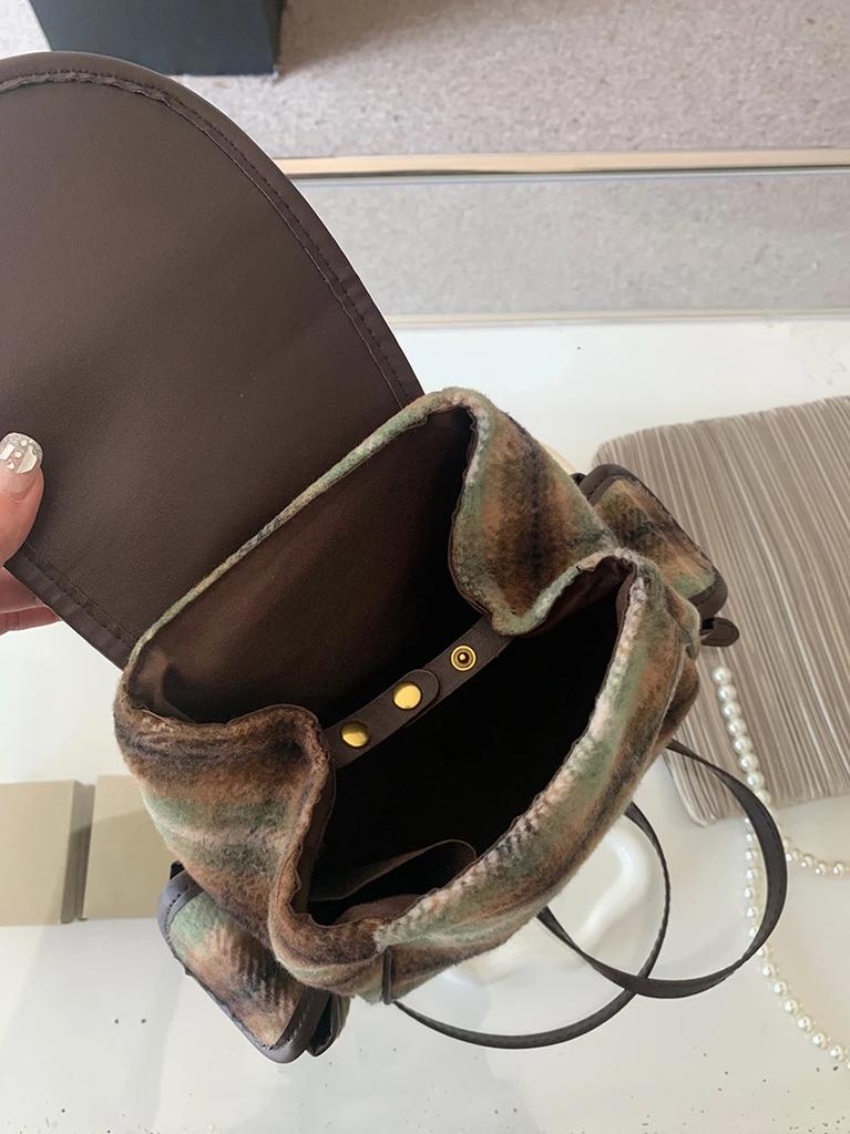 Vintage Woolen Plaid Backpack for Women Retro College Girls Mini Knapsack Portable Double Shoulder Bags Female Travel Handbags