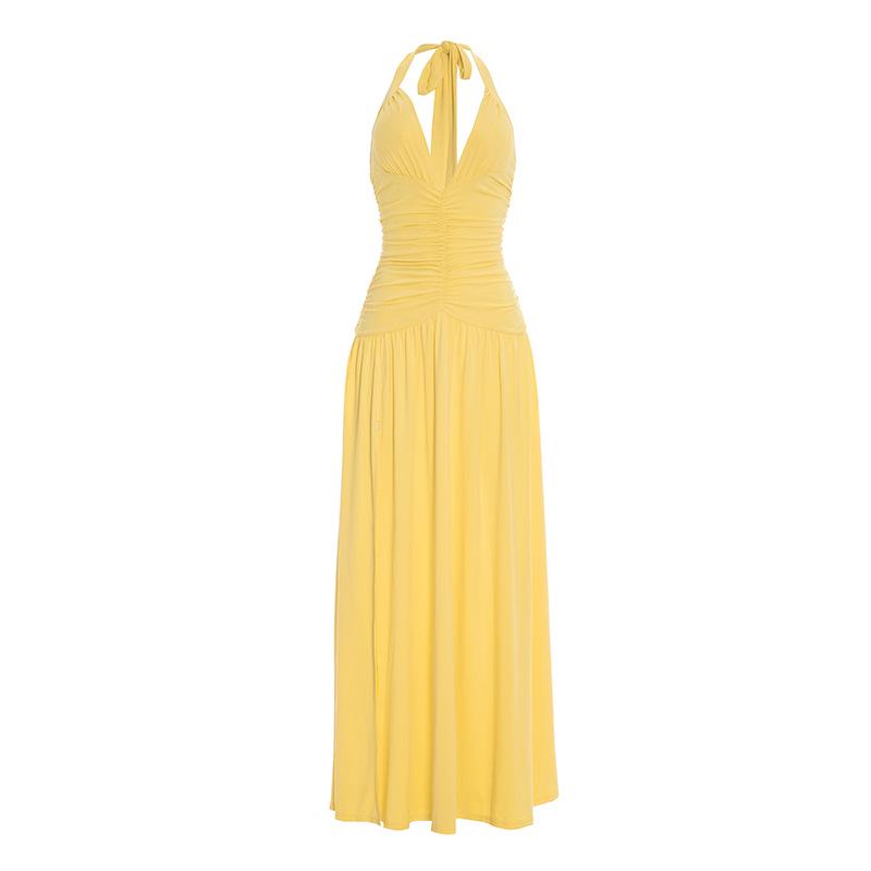 J26DS080 European & American Women's V-neck Tie-up Slit Dress - Spring/Summer Collection