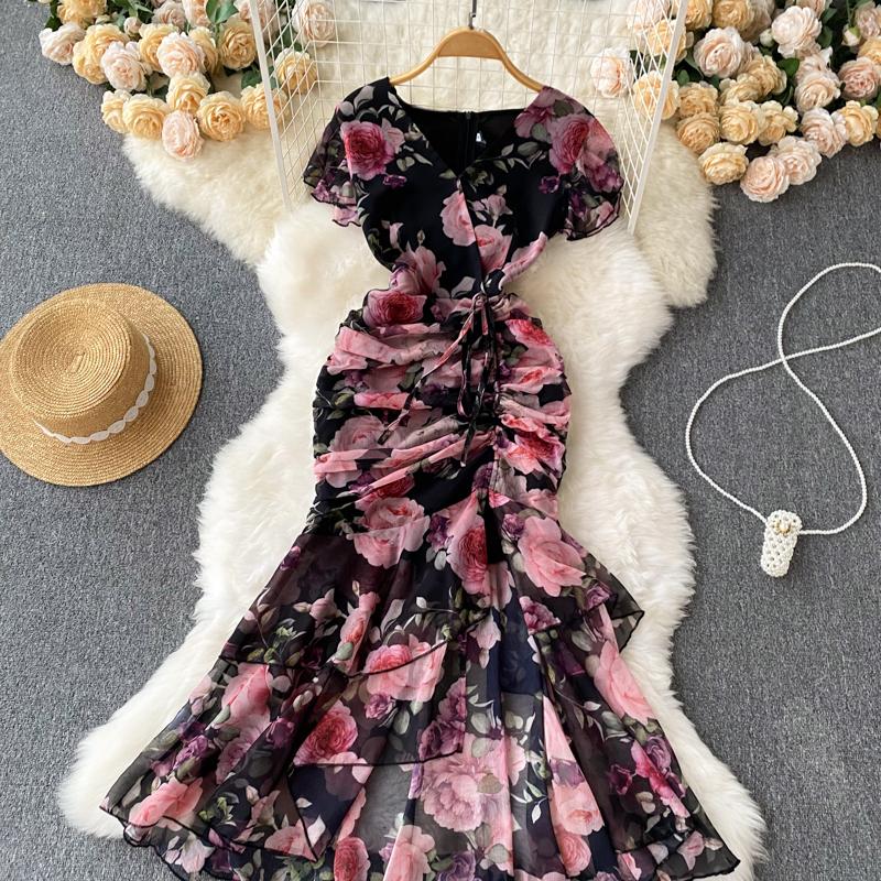 Chic Drawstring Bodycon Short Sleeve Vneck Dress Wrap Dresse Fashion Vestidos Women Vintage Spring and Autumn Trumpet Dress