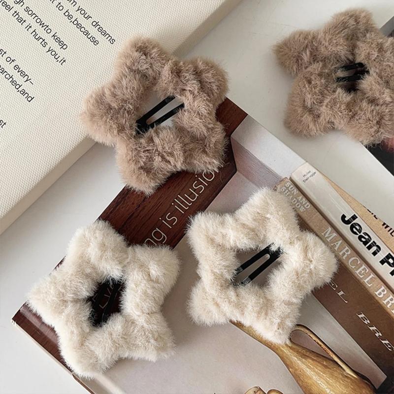 Autumn and Winter Plush Five-pointed Star Hairpins Side Bangs BB Clip Cute, Soft and Milky Sweet Girl Hollow Hairpin Tide