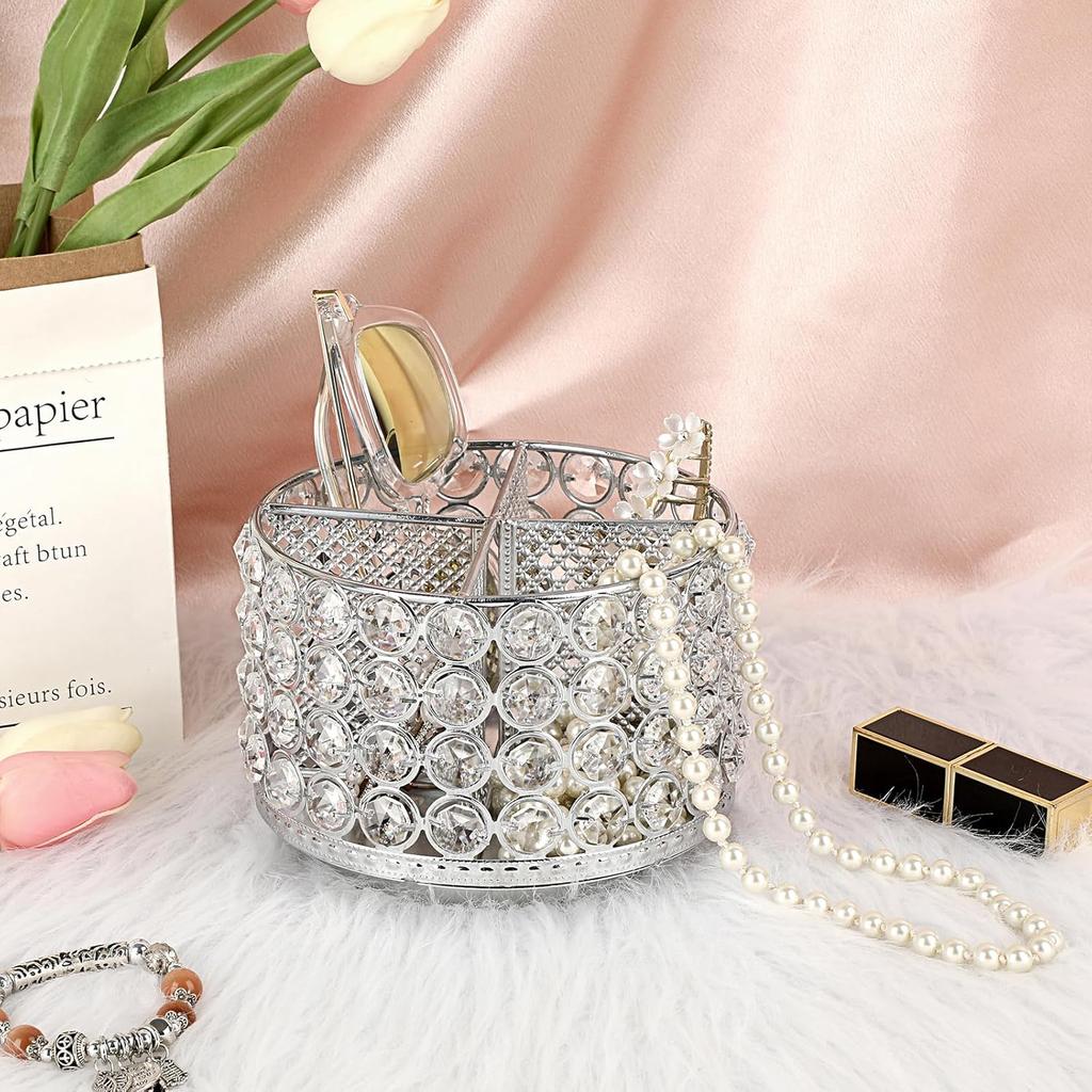 BTSKY Crystal 360 Degree Rotating Desk Organizer Decorative Storage Box with 4 Compartments, Glitter Metal Makeup Brush Holder Elegant Storage Caddy