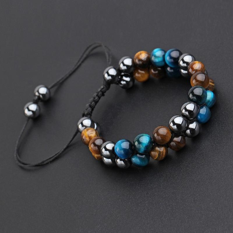 Men's Adjustable Woven Yoga Bracelet with Natural Tiger Eye Beads and Black Magnetic Clasp
