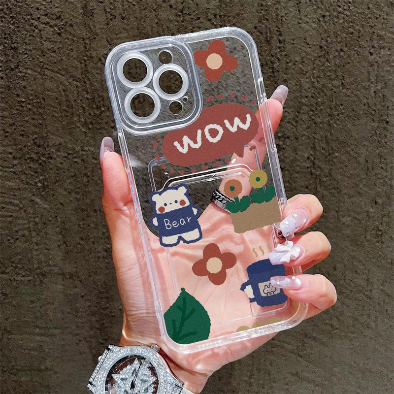 Card Slot Holder Silicone Wallet Pocket Case For Samsung A15 A25 A35 Xiaomi Redmi Note 12 13 14 Oppo A38 A58 A78 iPhone 16 17 Cover Clear Phone Bumper