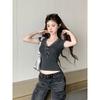 Women Grey Ribbed Lace Trim Bow V Neck Short Sleeve Cropped Top