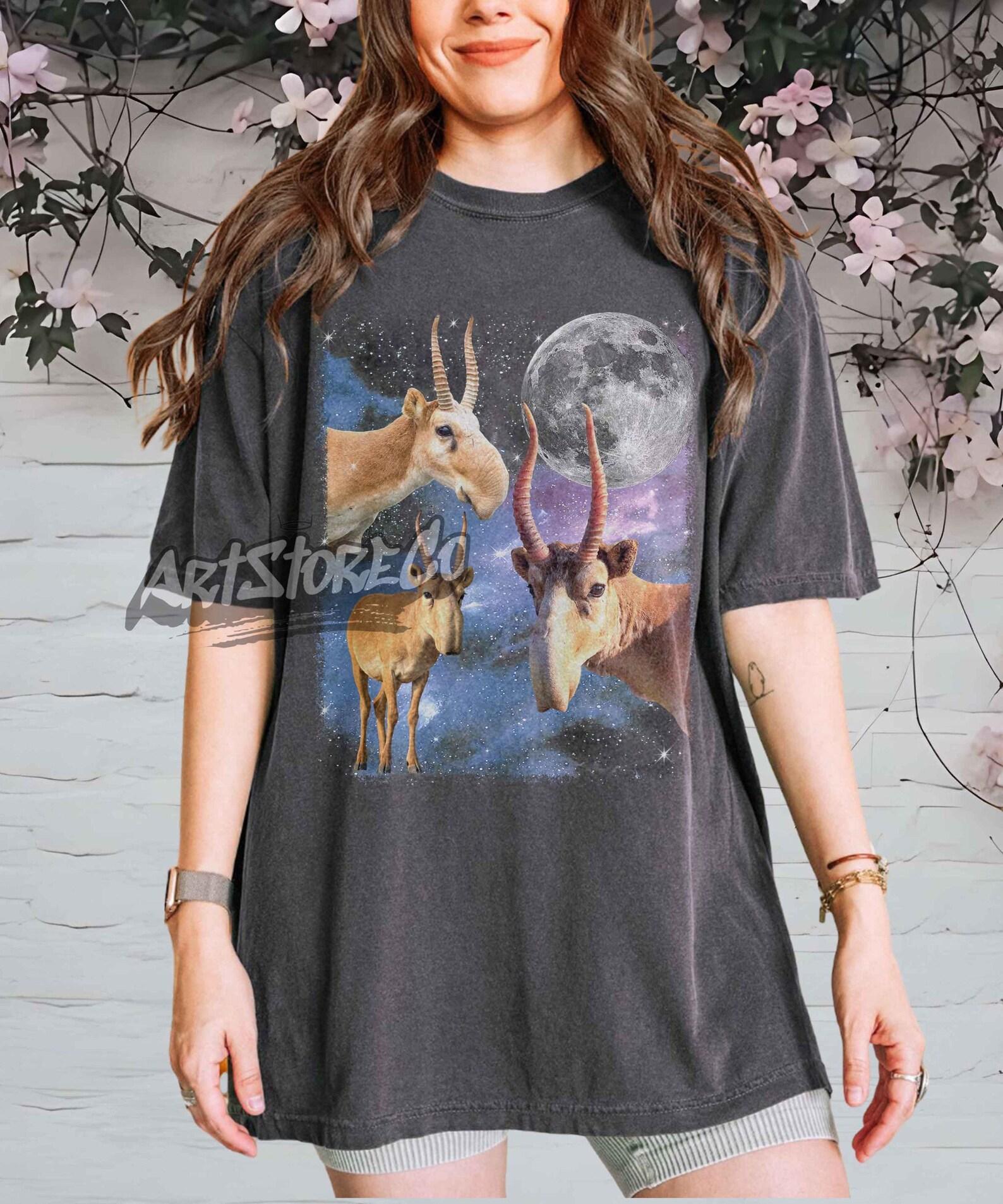 Three Saiga Antelope Retro Graphic T-shirts, Vintage Saiga Moon Tshirt, Funny Antelope Tee, Oversized Washed Shirt, Rare Animal Top, Gift 4XL