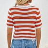 Women's Fashion Button Spliced Pullover Striped Round Neck Short Sleeve Sweater Top