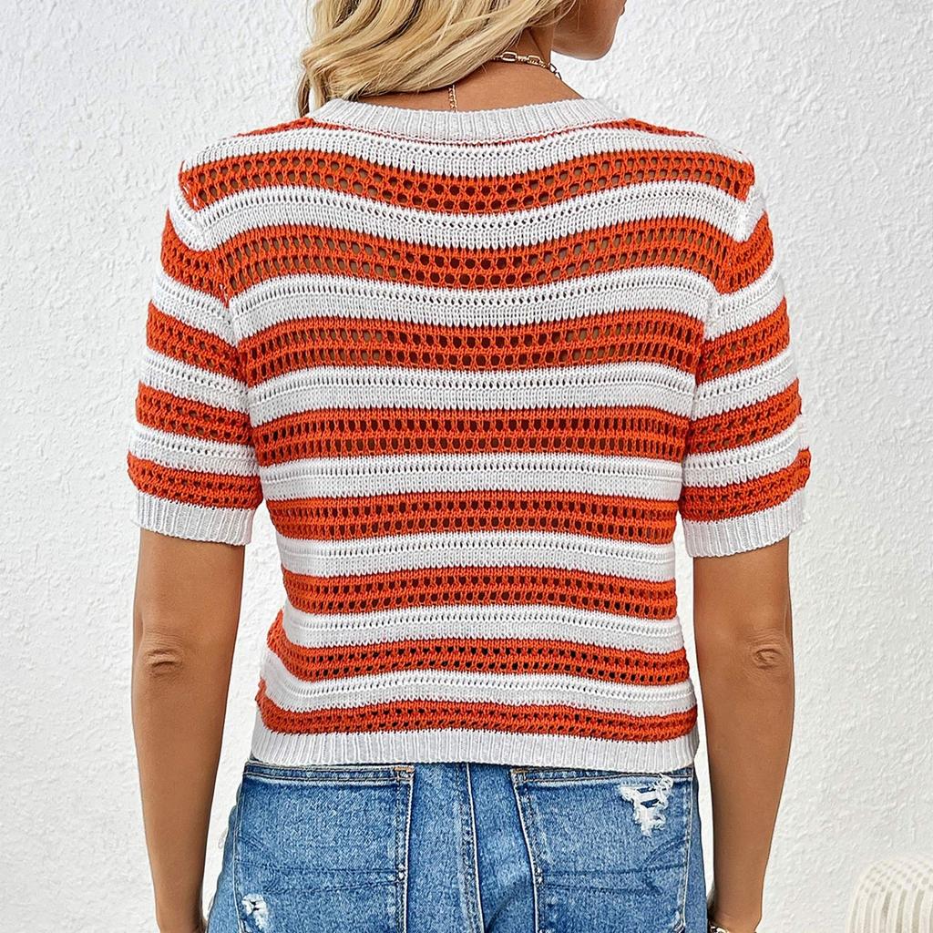 Women's Fashion Button Spliced Pullover Striped Round Neck Short Sleeve Sweater Top