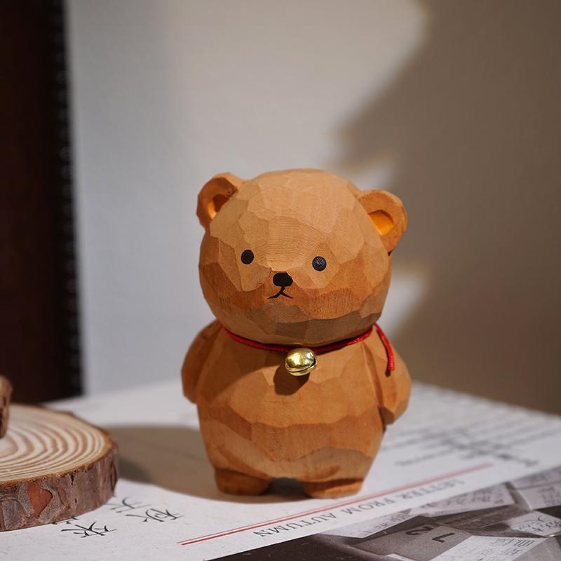 Hand Carved Wooden Bell Bear Miniature Cute Animal Figurine Office Desk Decor