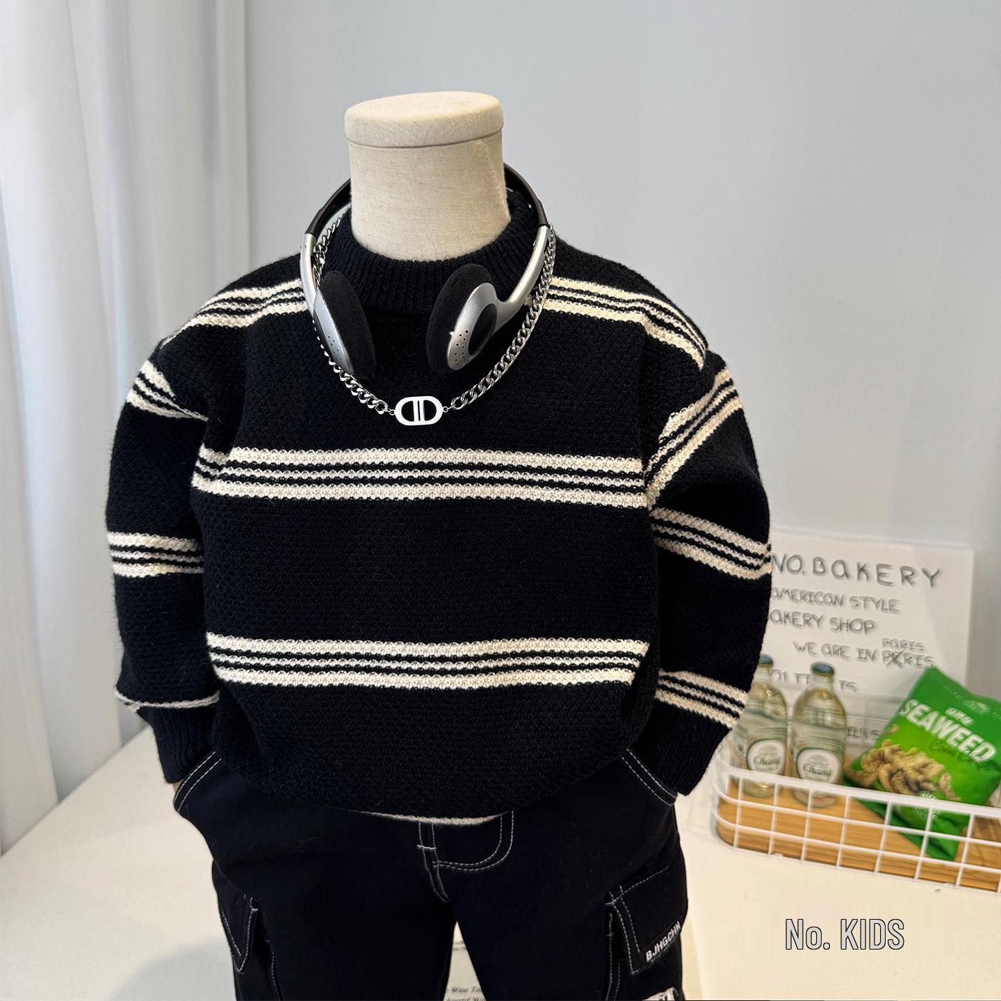 Boys  Stylish Striped Wool Sweater - Thickened Winter 2025 Knitwear 110cm