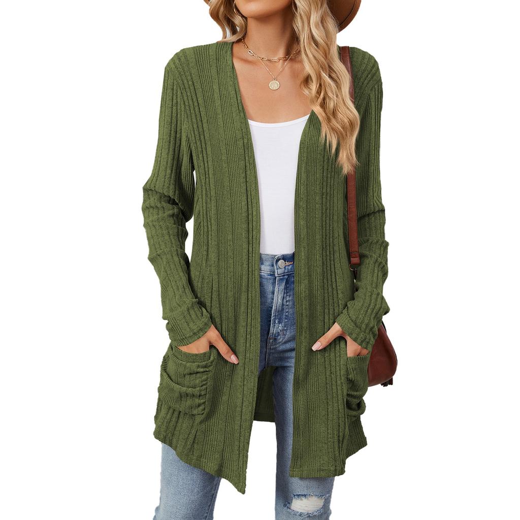 Autumn and Winter New Pit Stripes Long-sleeved Pockets Casual Solid Color Cardigan Jacket Long Cardigan Women Tops Kawaii Sweater