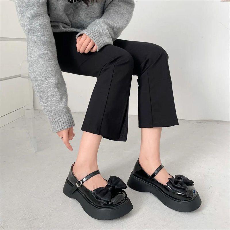 Mary Jane bow fashionable versatile flat-soled small leather shoes 2025 spring muffin thick-soled height increase sweet small single shoes