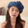 New Denim Color Cotton Painter Hat Camellia Trendy Fluffy Beret Hat Casual Casual Spring and Summer Flower Beret Cap