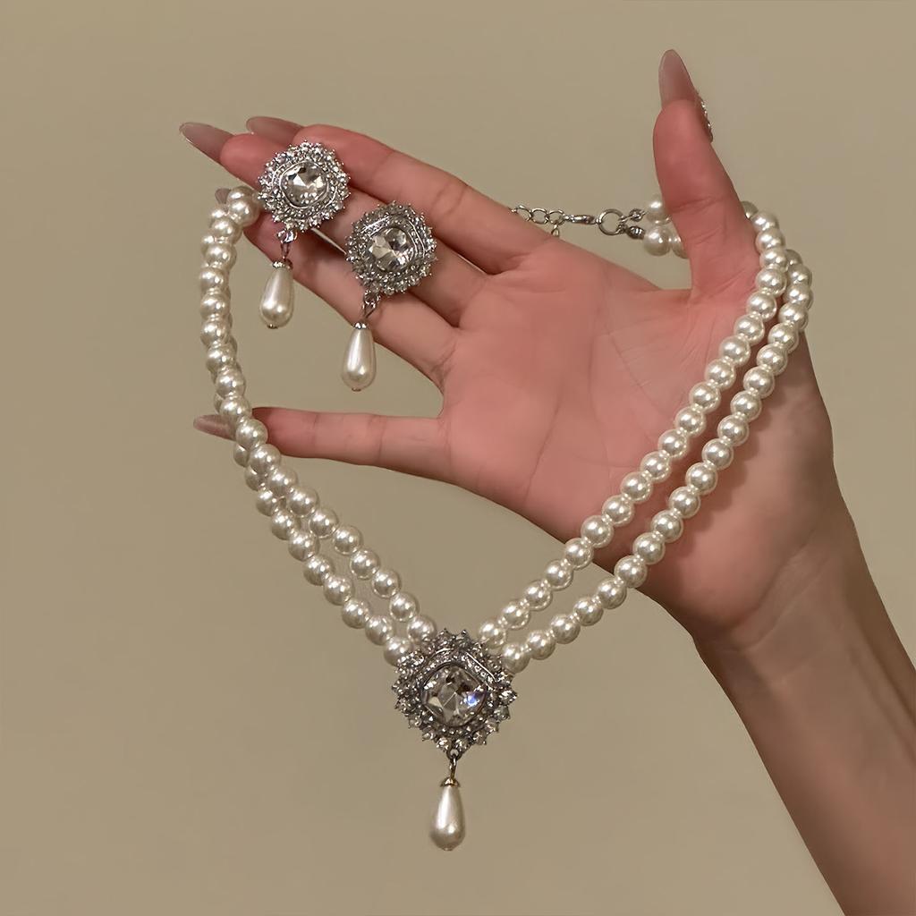 European and American court style diamond-encrusted geometric water drop pearl necklace accessories women's heavy industry sweater chain accessories