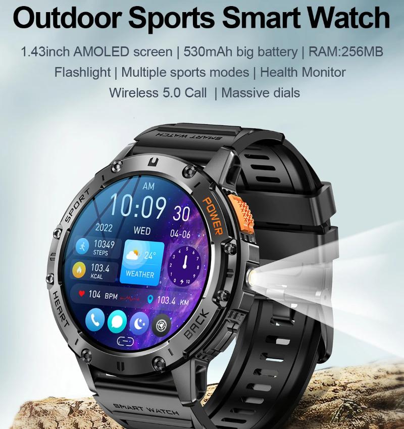 2025 New For Android Ios New AMOLED Smart Watch Men with Flashlight Sports Waterproof Fitness Tracker Bluetooth Call Smartwatch Man+Box