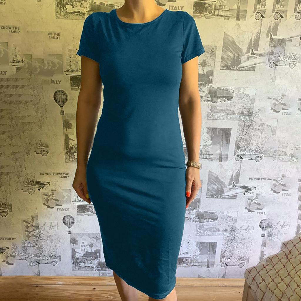 Women's Fashion Sexy  Solid Color Bag Hip Elasticity Short-sleeve Dress