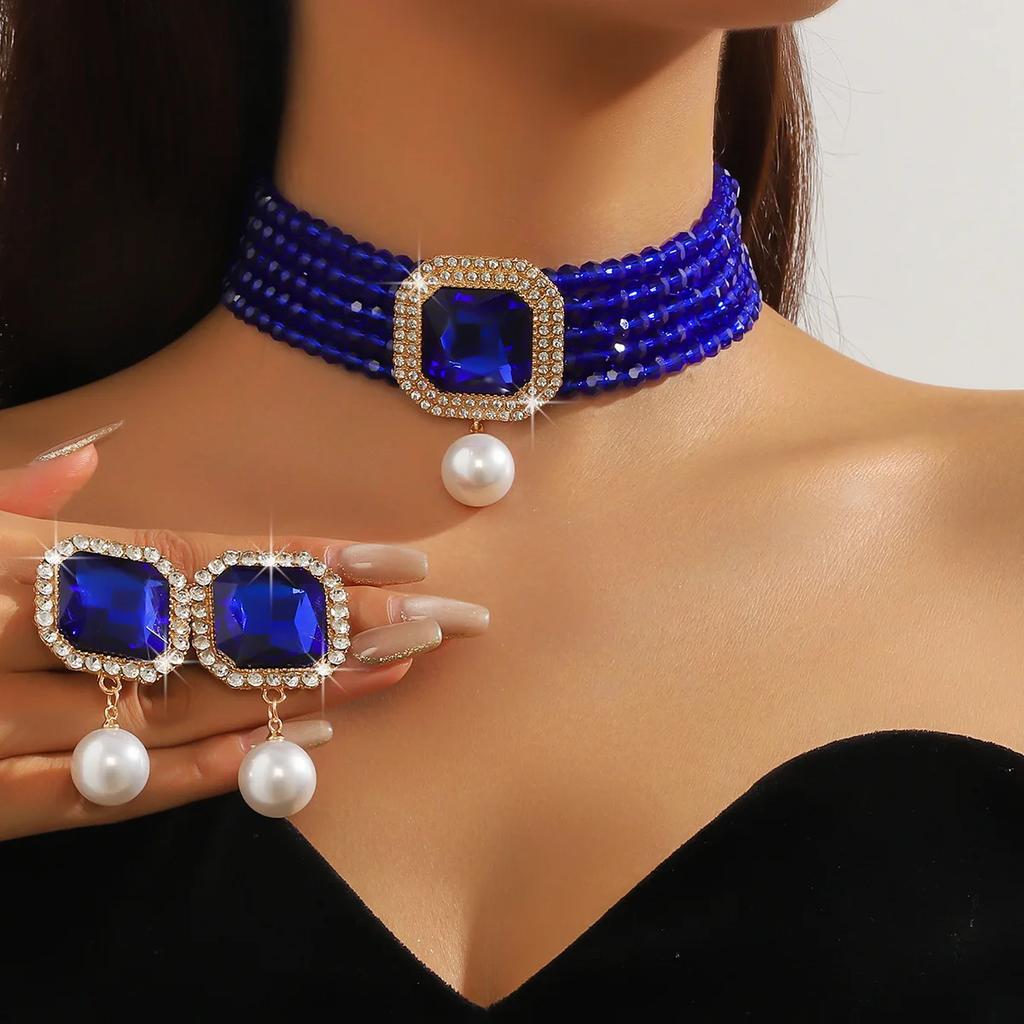 Vintage Multilayer Green Red Blue Black Crystal Necklace Geometric Square Zircon Earrings For Women Weddings Banquet Zircon Sets
