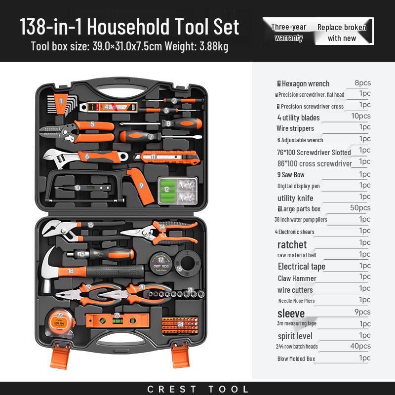Zestaw narzędzi Rede Home: Rodzinny Zestaw Naprawczy ze Śrubokrętami, Młotkiem, Kluczami i Elementami Złącznymi.