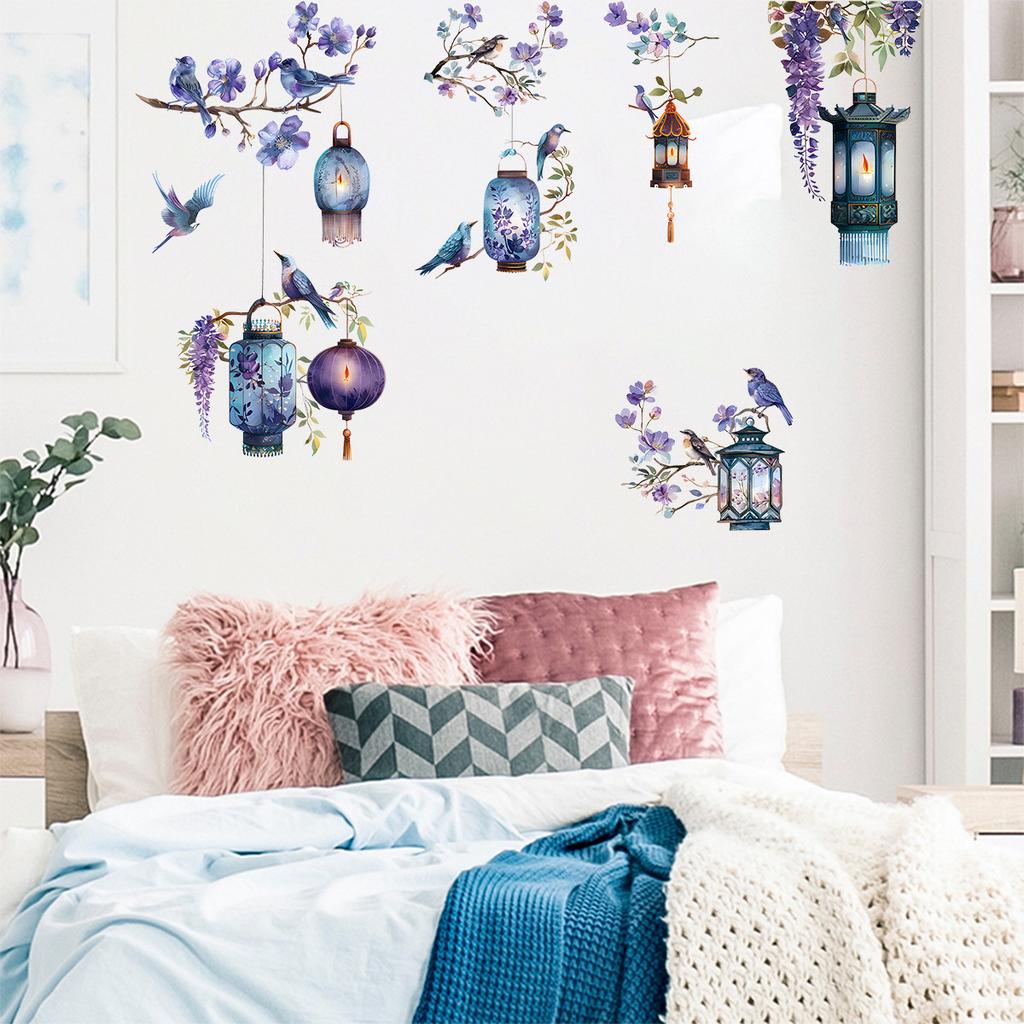 Wall Sticker Purple Flower Bird On Branch Decoration for Bedroom Living Room Background Self Adhesive Removable