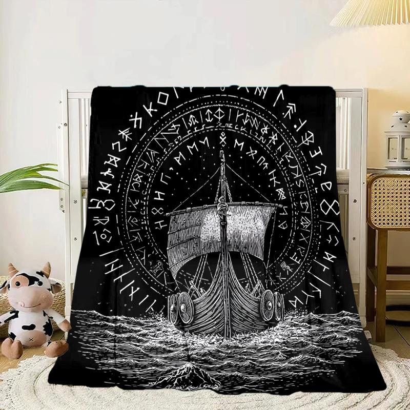 Viking Ship At Sea Blanket Flannel Blanket for Bed, Sofa, Camping, Hiking, Picnic Essentials, Gift for Family Fan Gifts