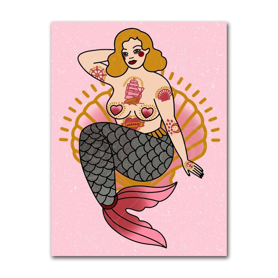 Mermaid Retro Wall Art, Nordic Nude Woman Poster, Printed Images, Living Room, Home Decoration, Oil Painting, Pink, Leopard